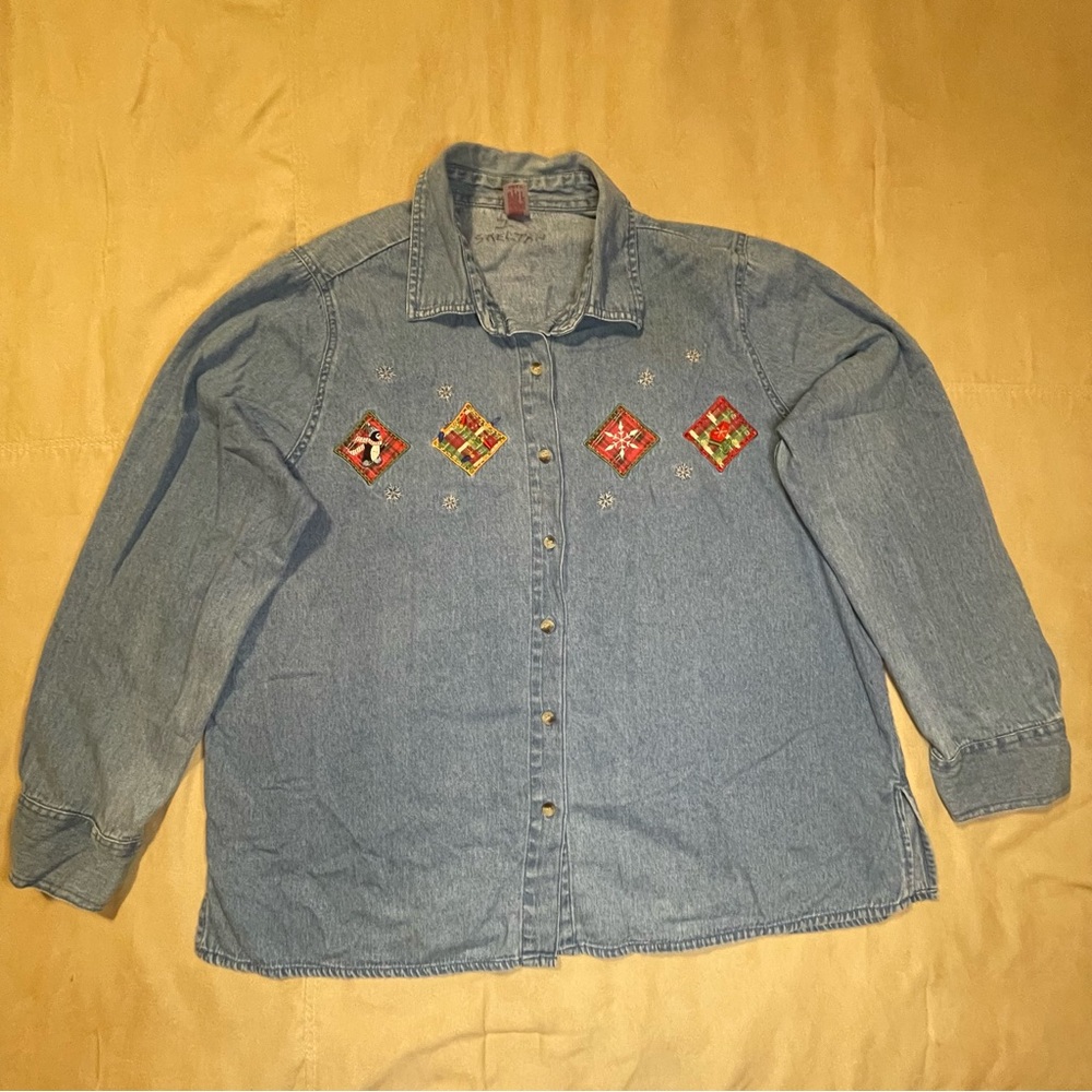 Vintage Christmas Shirt Blue Denim L/S Holiday Embroidered Casual Womens 2XL
